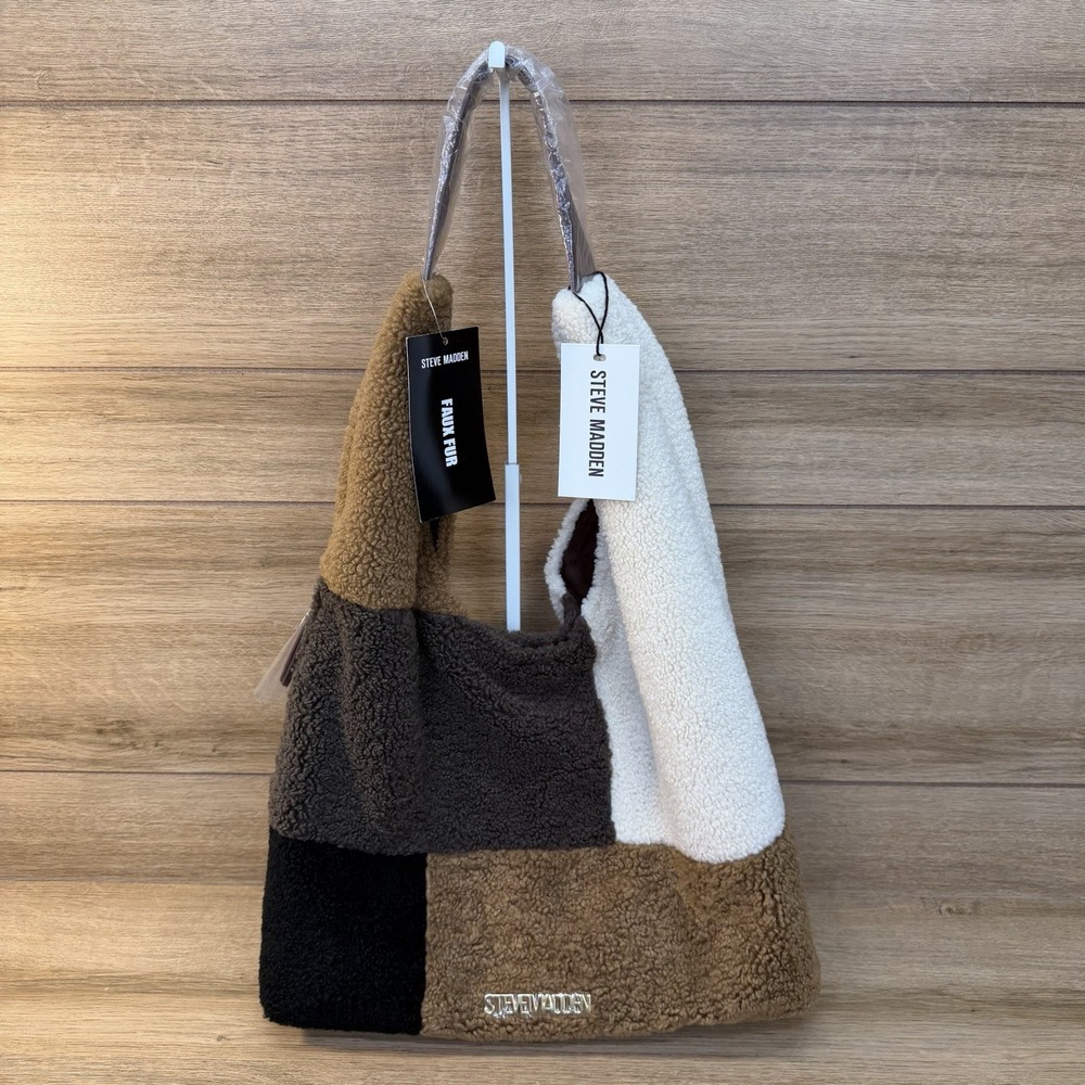 STEVE MADDEN Sherpa Patchwork 2 In 1 Hobo Bag Crossbody BTULLY Cognac Multi NWT